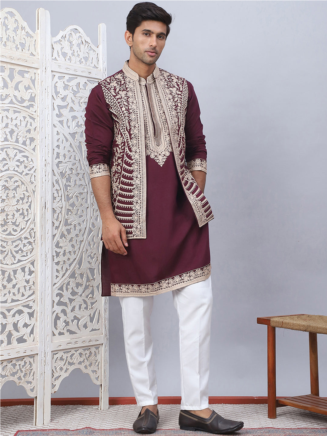 Men's Embroidered Waistcoat and Kurta Pyjama. ( JOKPWCS W 5054Maroon )