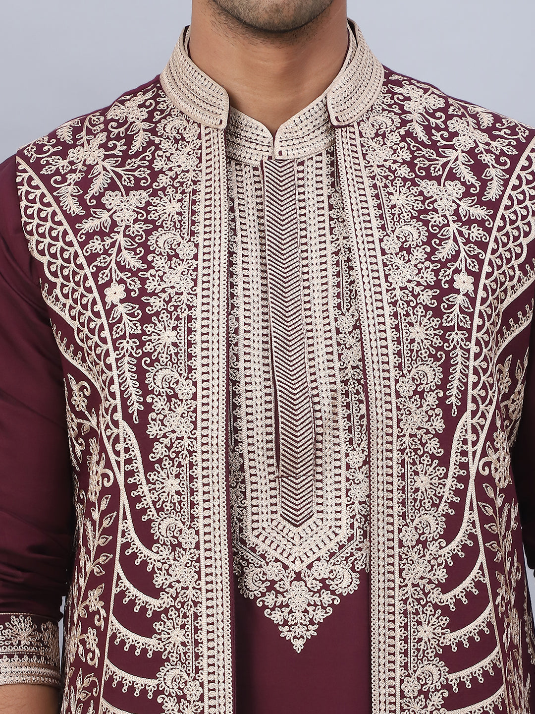 Men's Embroidered Waistcoat and Kurta Pyjama. ( JOKPWCS W 5054Maroon )