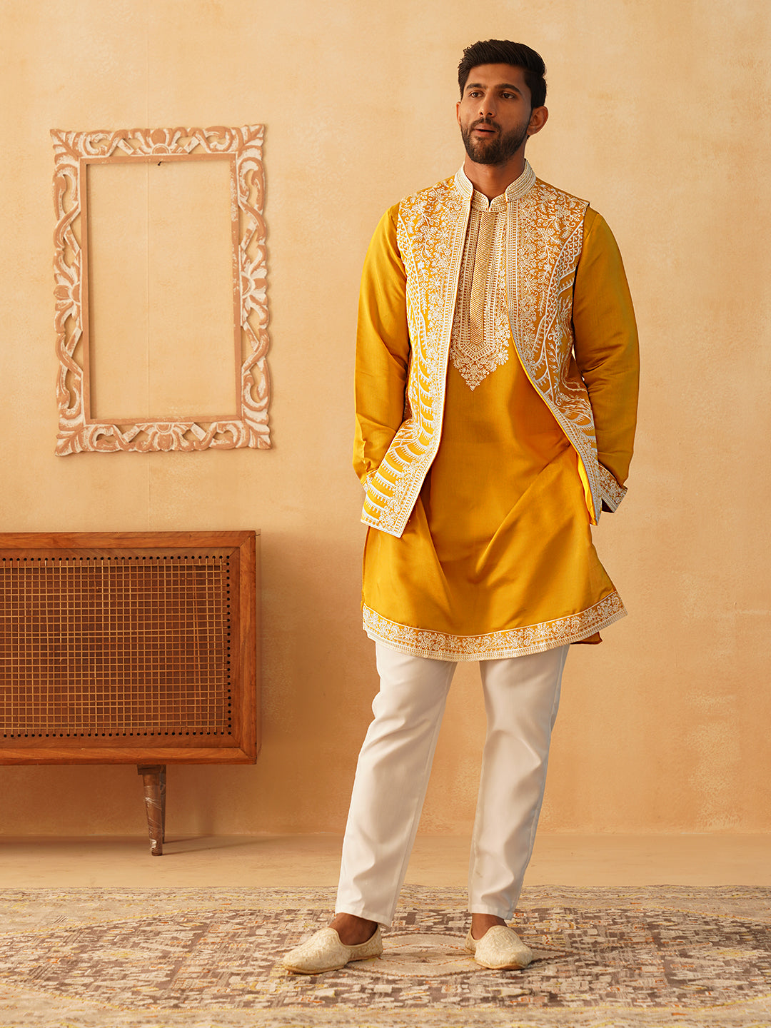 Men's Embroidered Waistcoat and Kurta Pyjama. ( JOKPWCS W 5054Mustard )