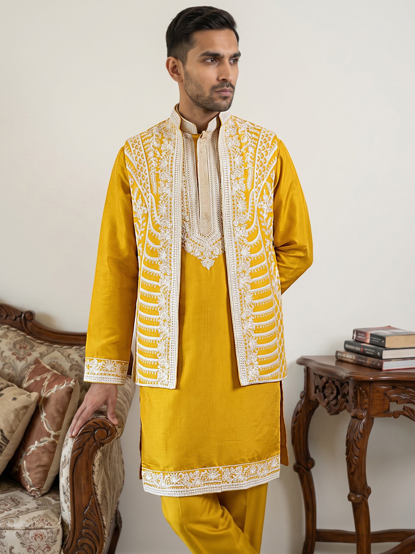 Men's Embroidered Waistcoat and Kurta Set. ( JOKPWCS MC 5054Mustard )