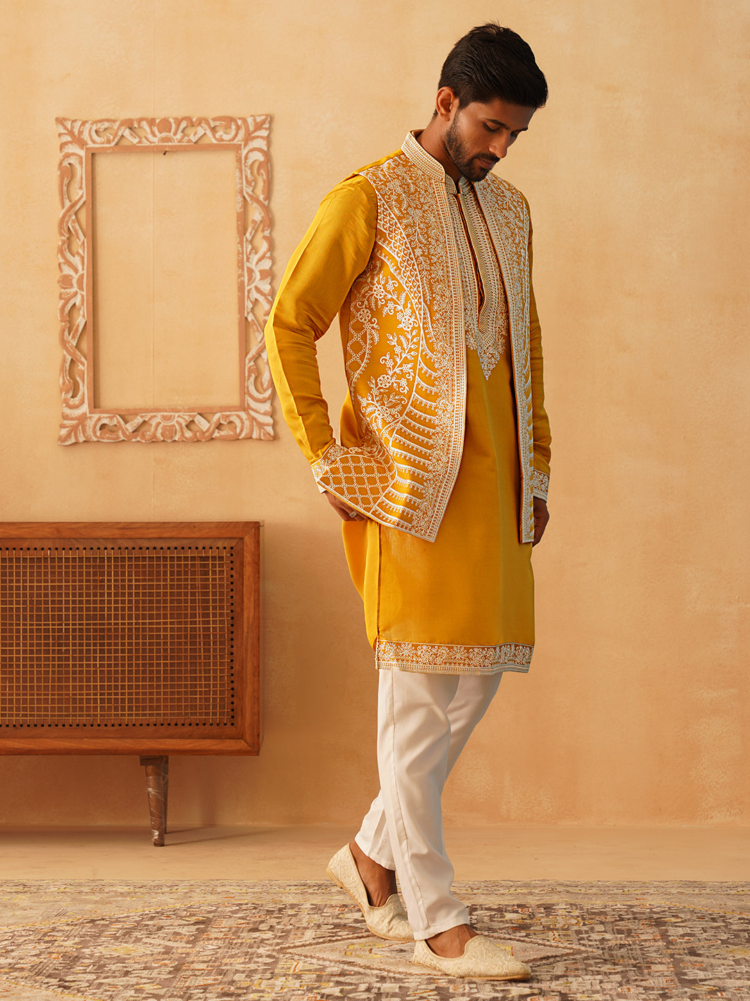 Men's Embroidered Waistcoat and Kurta Pyjama. ( JOKPWCS W 5054Mustard )