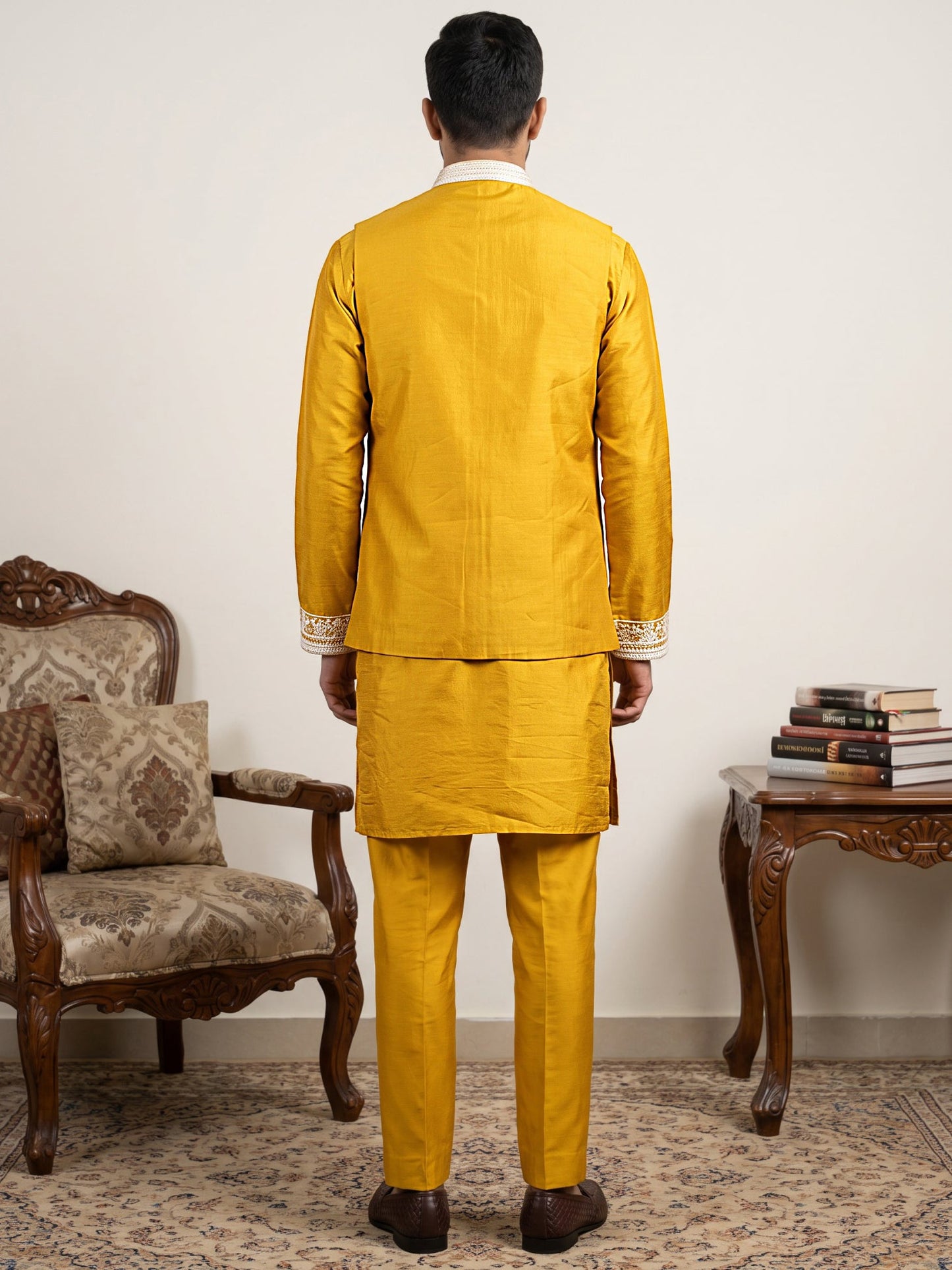 Men's Embroidered Waistcoat and Kurta Set. ( JOKPWCS MC 5054Mustard )