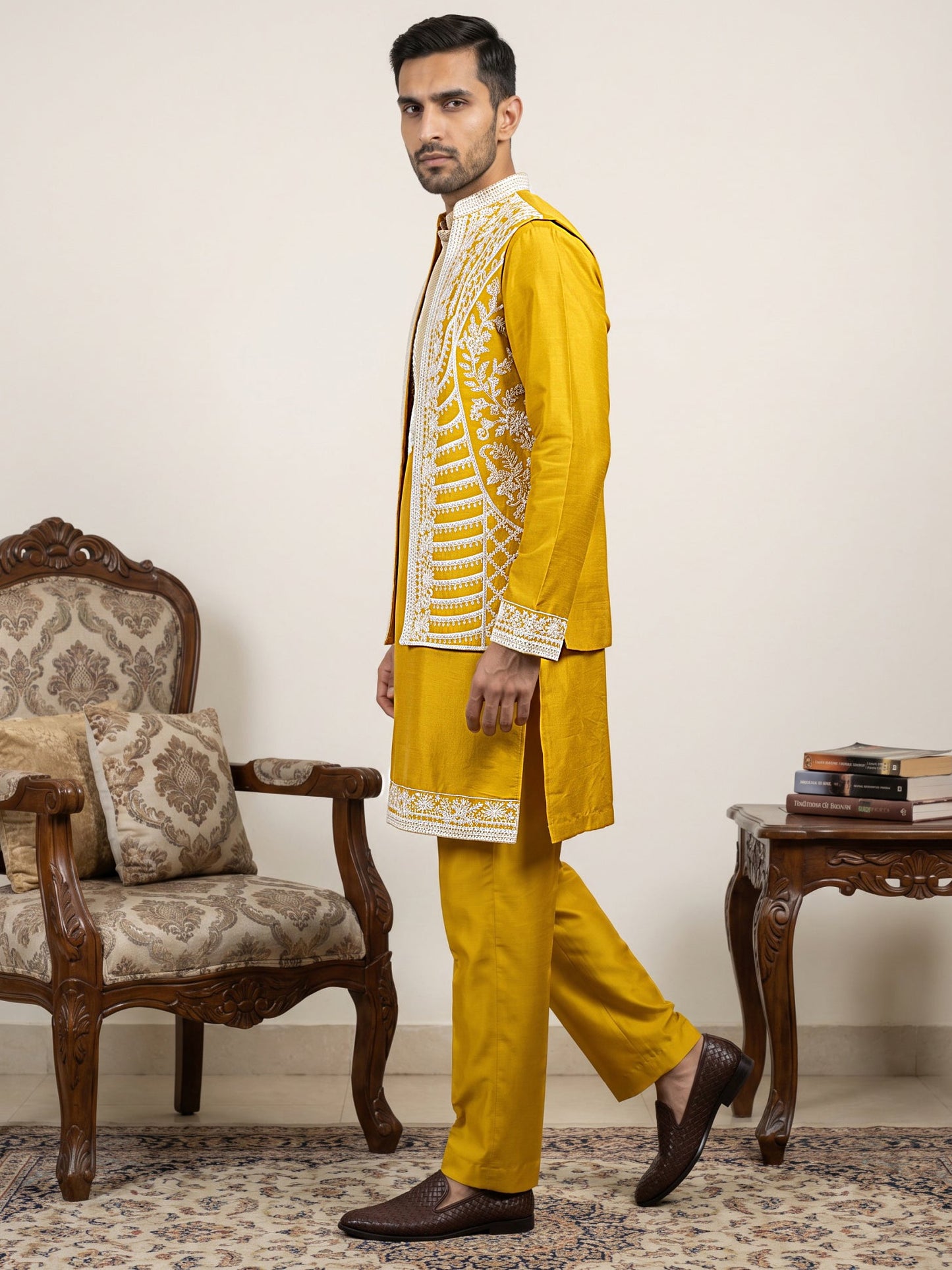 Men's Embroidered Waistcoat and Kurta Set. ( JOKPWCS MC 5054Mustard )