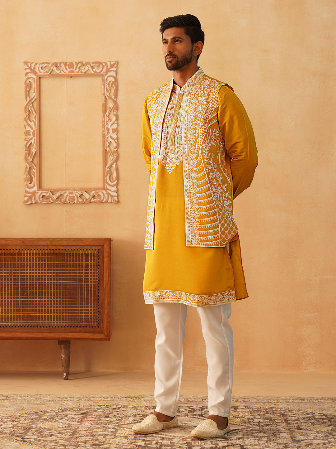 Men's Embroidered Waistcoat and Kurta Pyjama. ( JOKPWCS W 5054Mustard )