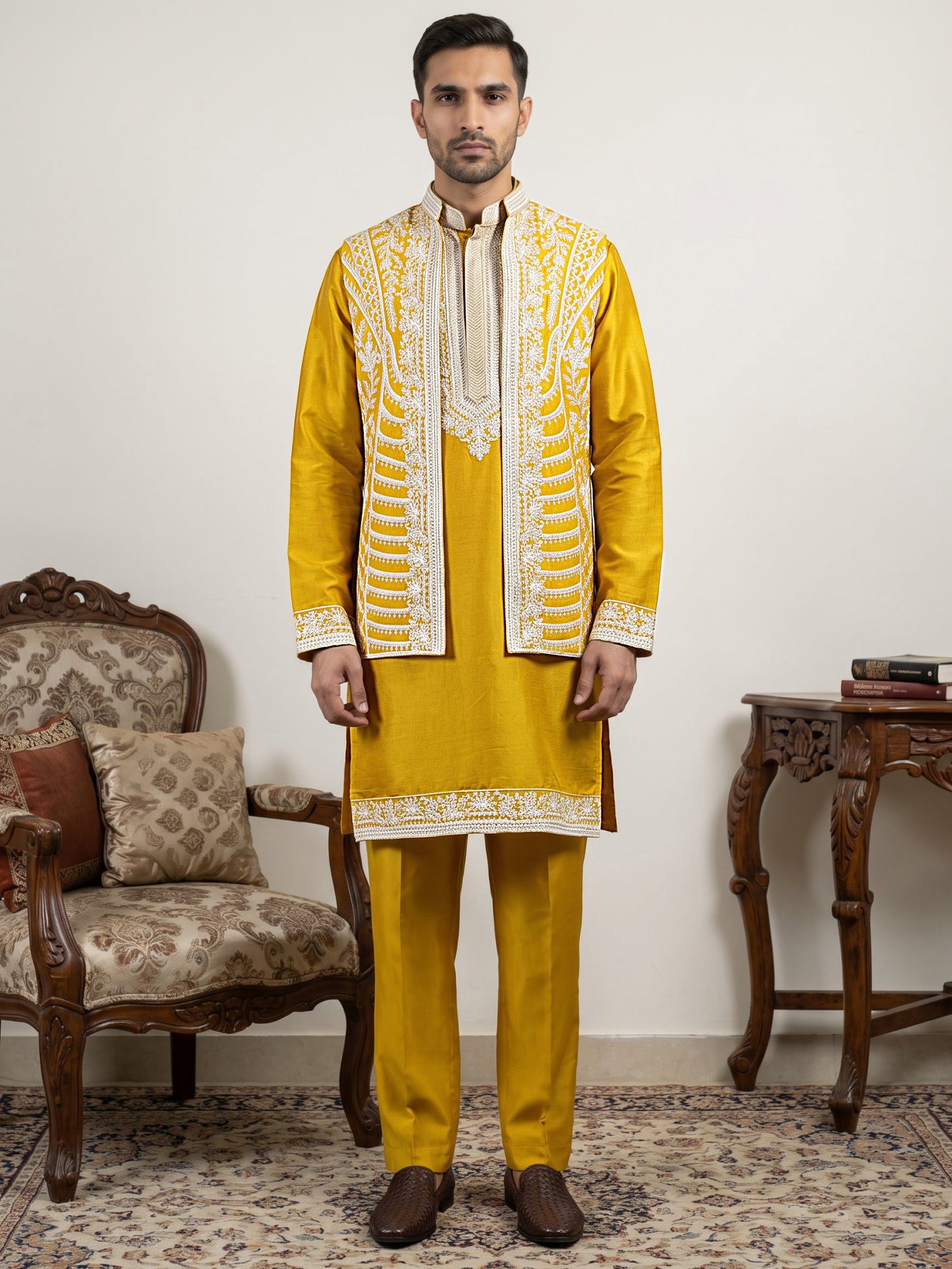Men's Embroidered Waistcoat and Kurta Set. ( JOKPWCS MC 5054Mustard )