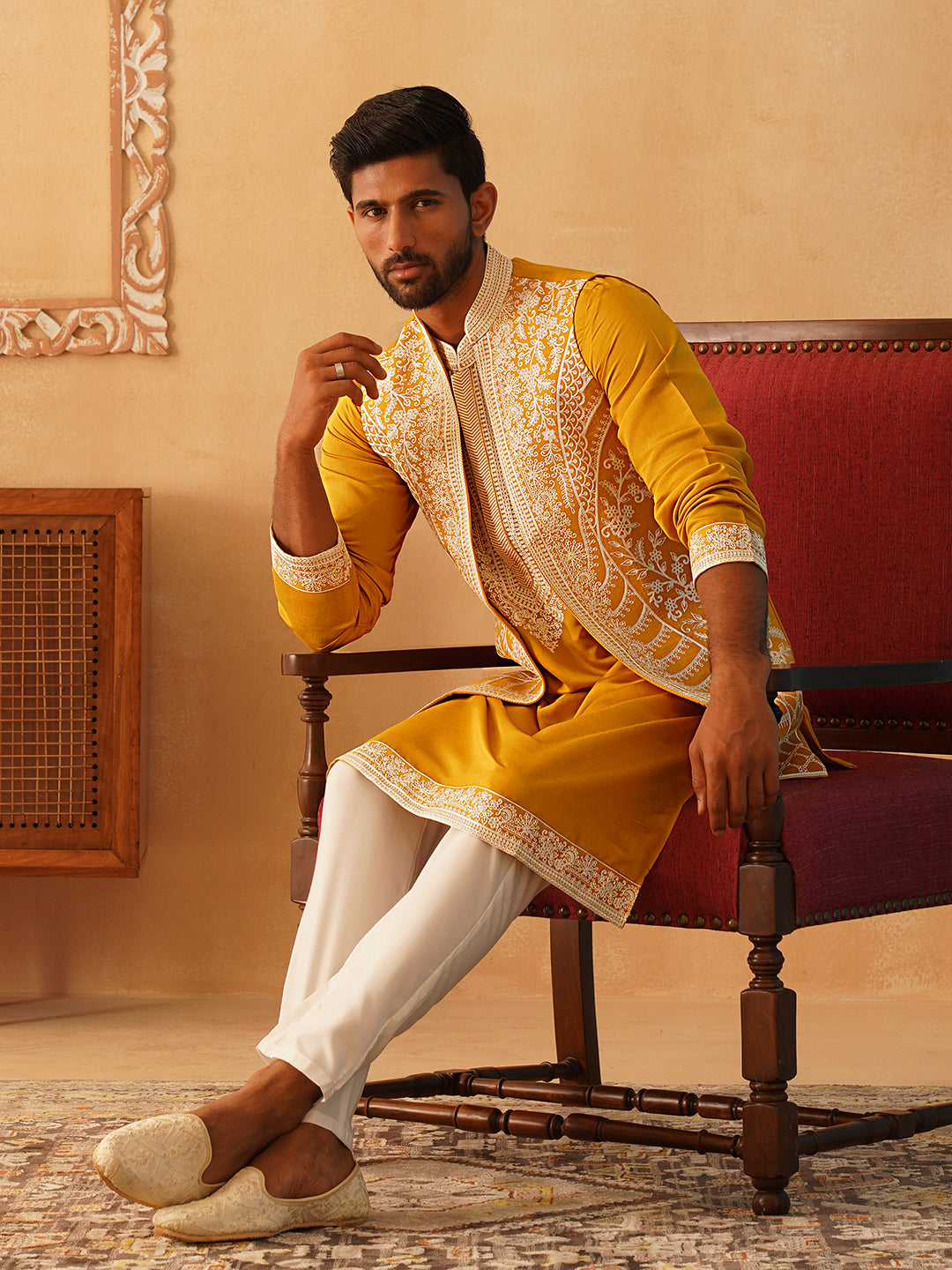 Men's Embroidered Waistcoat and Kurta Pyjama. ( JOKPWCS W 5054Mustard )