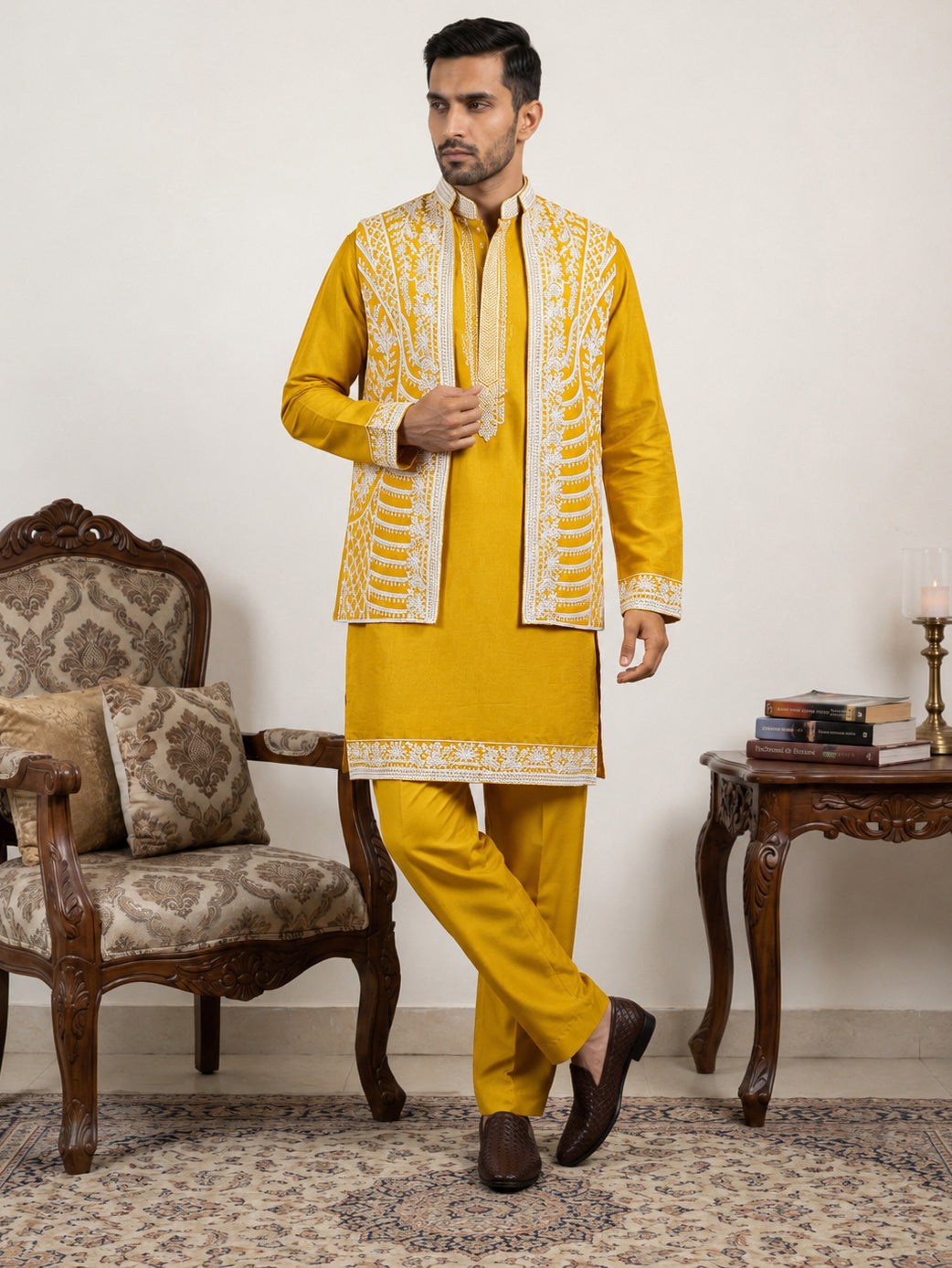 Men's Embroidered Waistcoat and Kurta Set. ( JOKPWCS MC 5054Mustard )