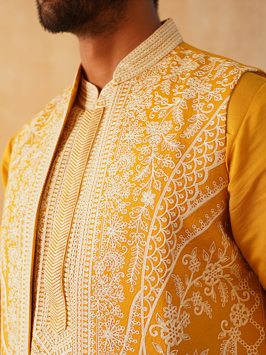 Men's Embroidered Waistcoat and Kurta Pyjama. ( JOKPWCS W 5054Mustard )