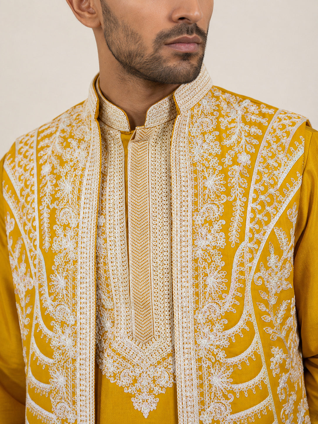 Men's Embroidered Waistcoat and Kurta Set. ( JOKPWCS MC 5054Mustard )