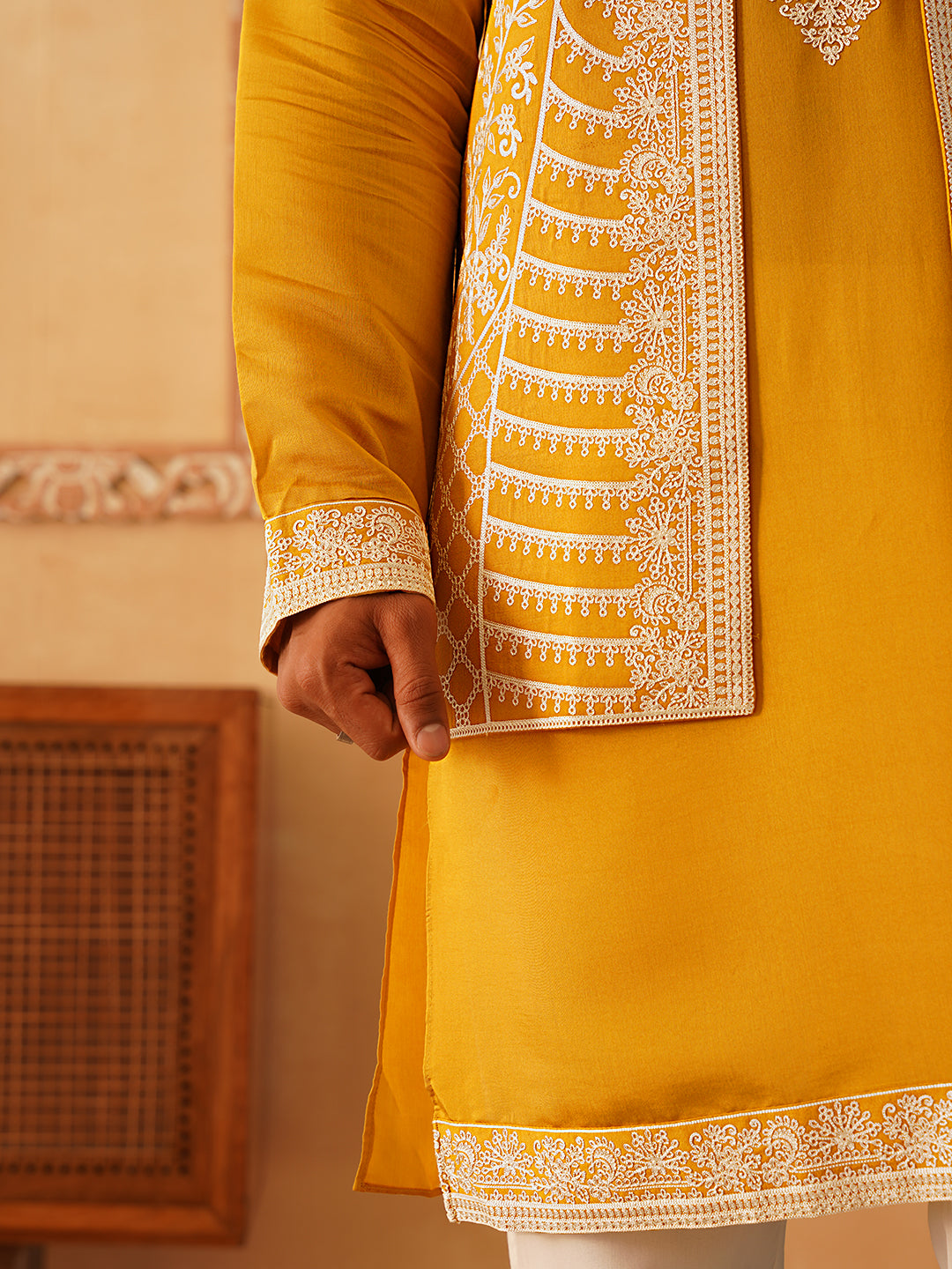 Men's Embroidered Waistcoat and Kurta Pyjama. ( JOKPWCS W 5054Mustard )