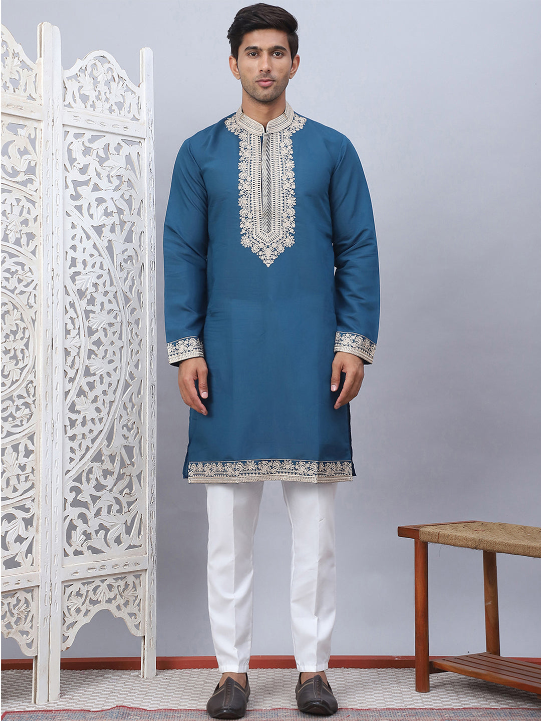 Men's Embroidered Waistcoat and Kurta Pyjama. ( JOKPWCS W 5054Peacock )