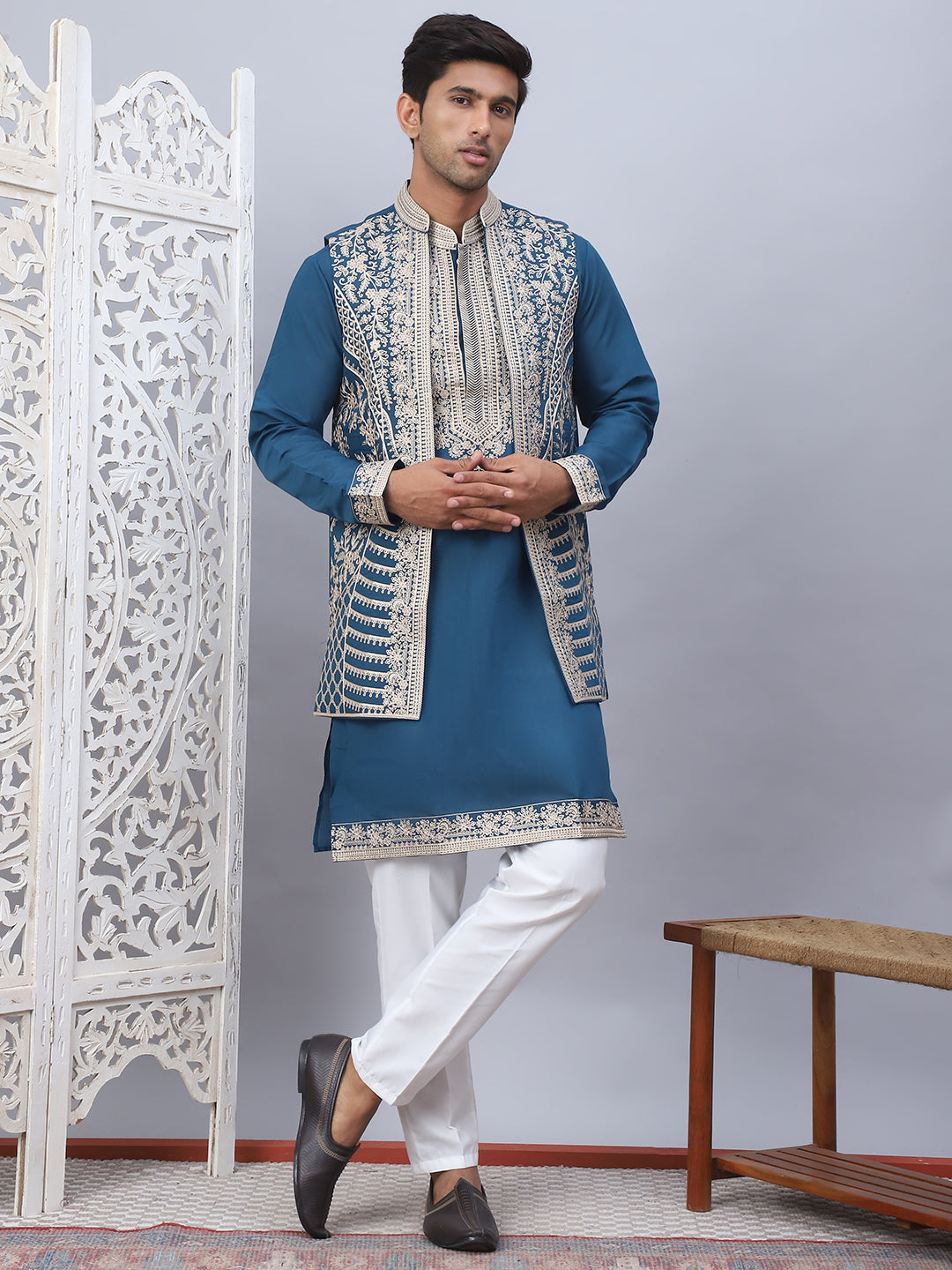 Men's Embroidered Waistcoat and Kurta Pyjama. ( JOKPWCS W 5054Peacock )