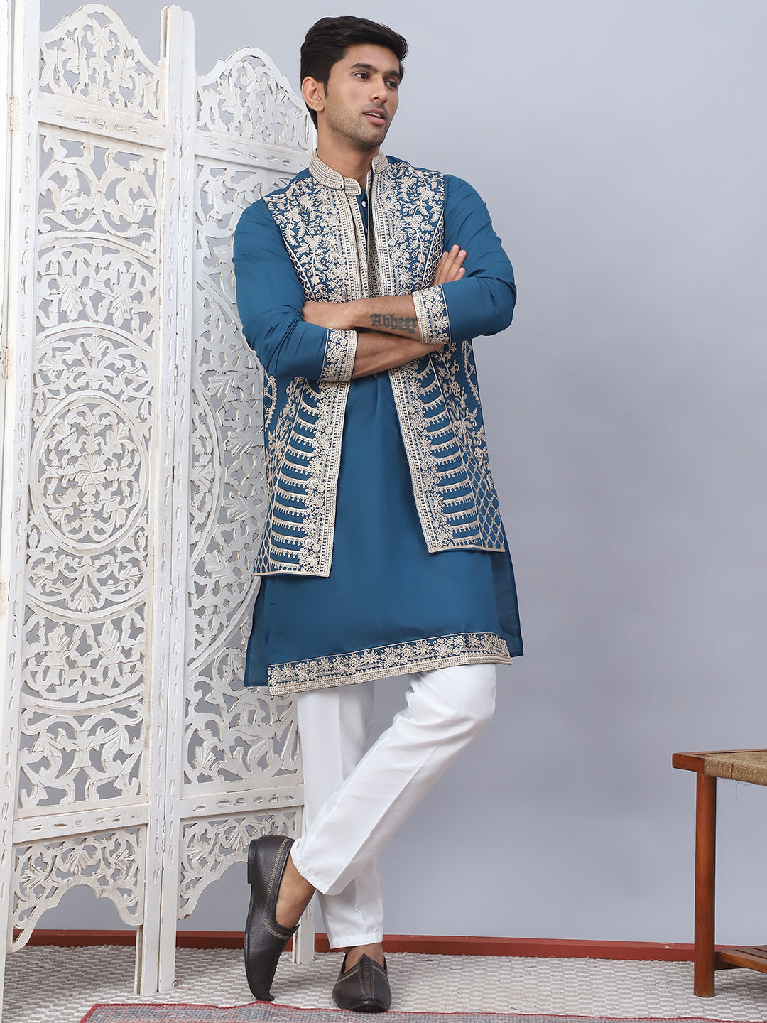 Men's Embroidered Waistcoat and Kurta Pyjama. ( JOKPWCS W 5054Peacock )