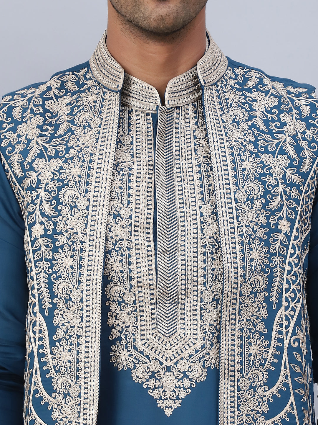 Men's Embroidered Waistcoat and Kurta Pyjama. ( JOKPWCS W 5054Peacock )