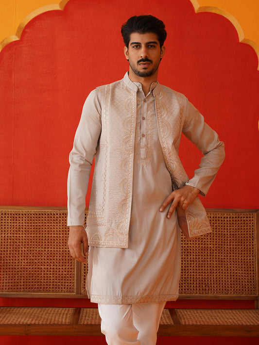 Embroidered Waistcoat & Solid Kurta Pyjama For Men ( JOKPWCS 5106Bronze ) [FF] [F-4-5]