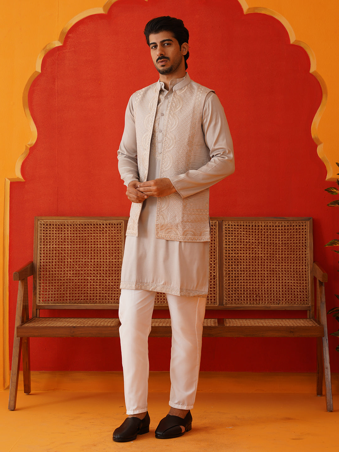 Embroidered Waistcoat & Solid Kurta Pyjama For Men ( JOKPWCS 5106Bronze ) [FF] [F-4-5]