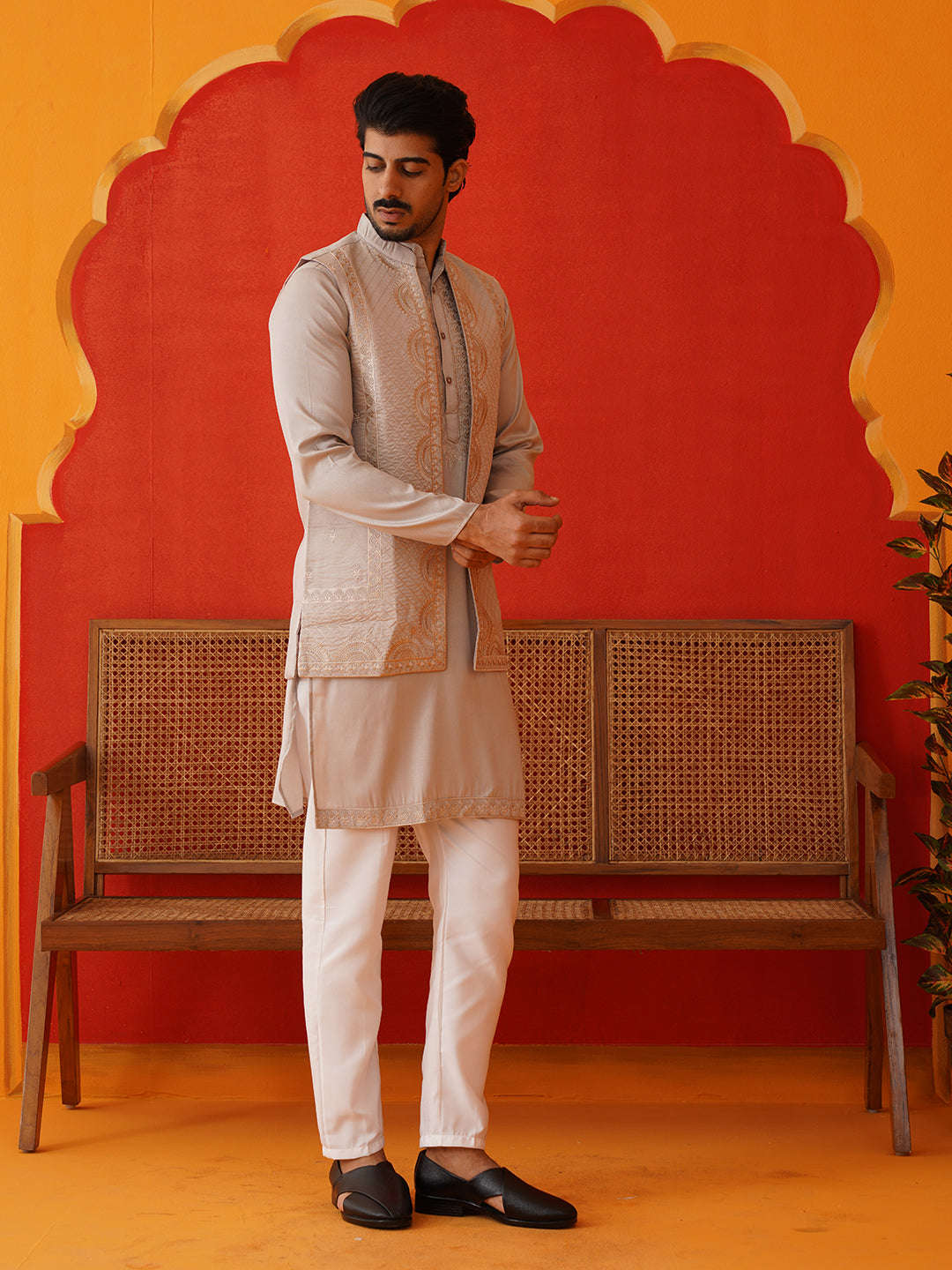 Embroidered Waistcoat & Solid Kurta Pyjama For Men ( JOKPWCS 5106Bronze ) [FF] [F-4-5]