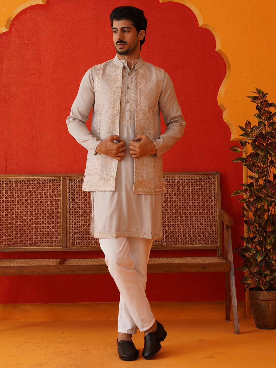 Embroidered Waistcoat & Solid Kurta Pyjama For Men ( JOKPWCS 5106Bronze ) [FF] [F-4-5]
