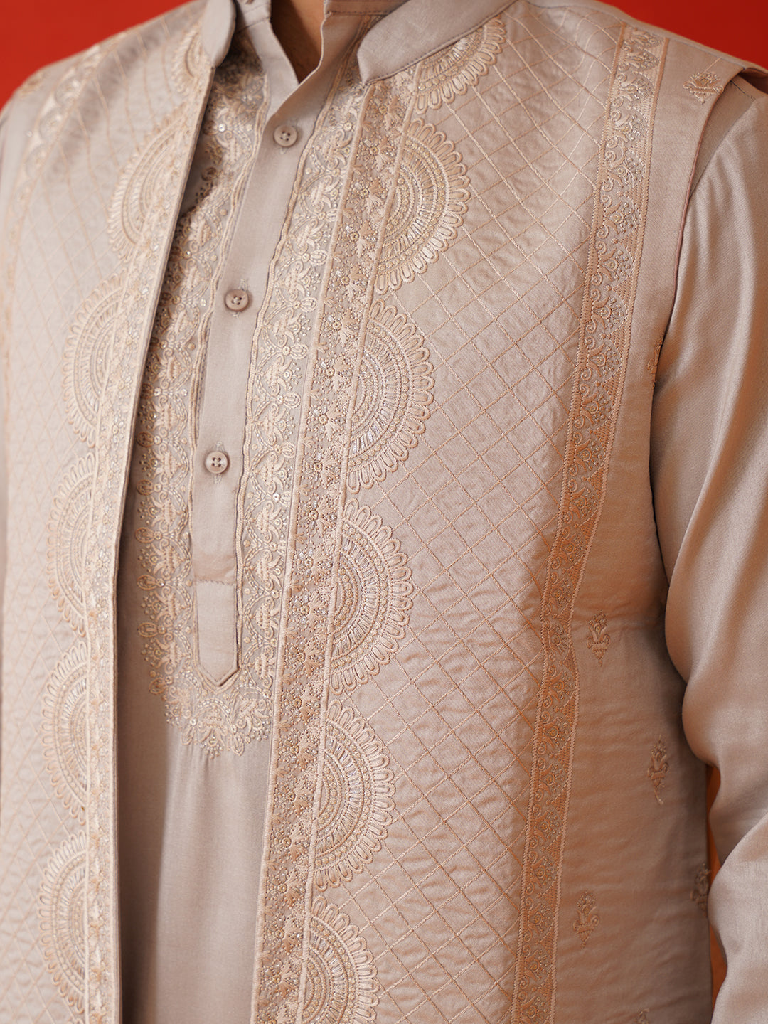 Embroidered Waistcoat & Solid Kurta Pyjama For Men ( JOKPWCS 5106Bronze ) [FF] [F-4-5]