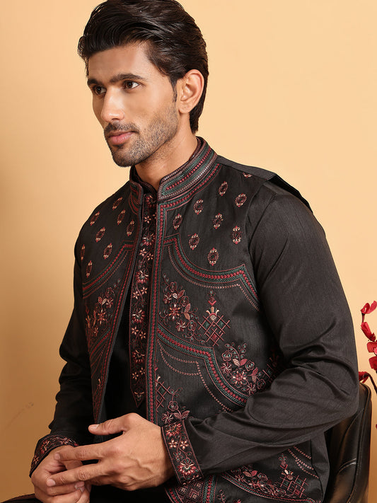 Embroidered Waistcoat and Kurta Pyjama For Men ( JOKPWCS 5114Black )