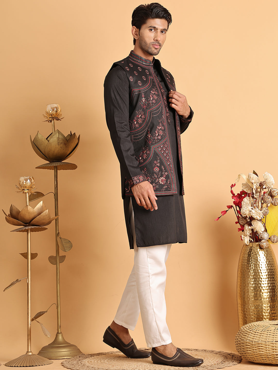 Embroidered Waistcoat and Kurta Pyjama For Men ( JOKPWCS 5114Black )