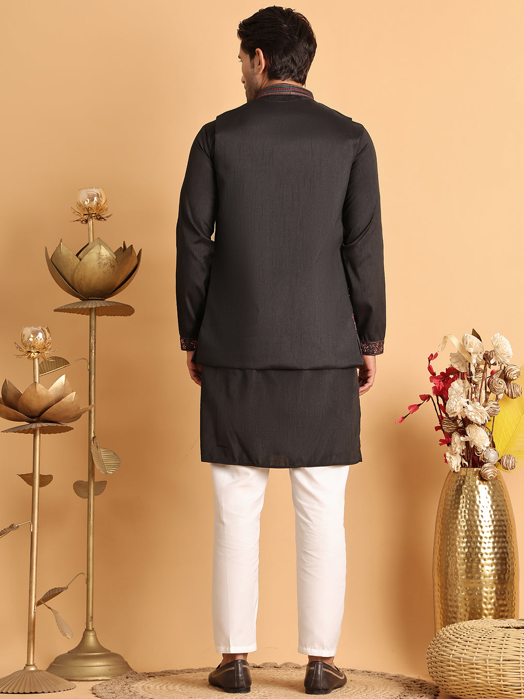 Embroidered Waistcoat and Kurta Pyjama For Men ( JOKPWCS 5114Black )
