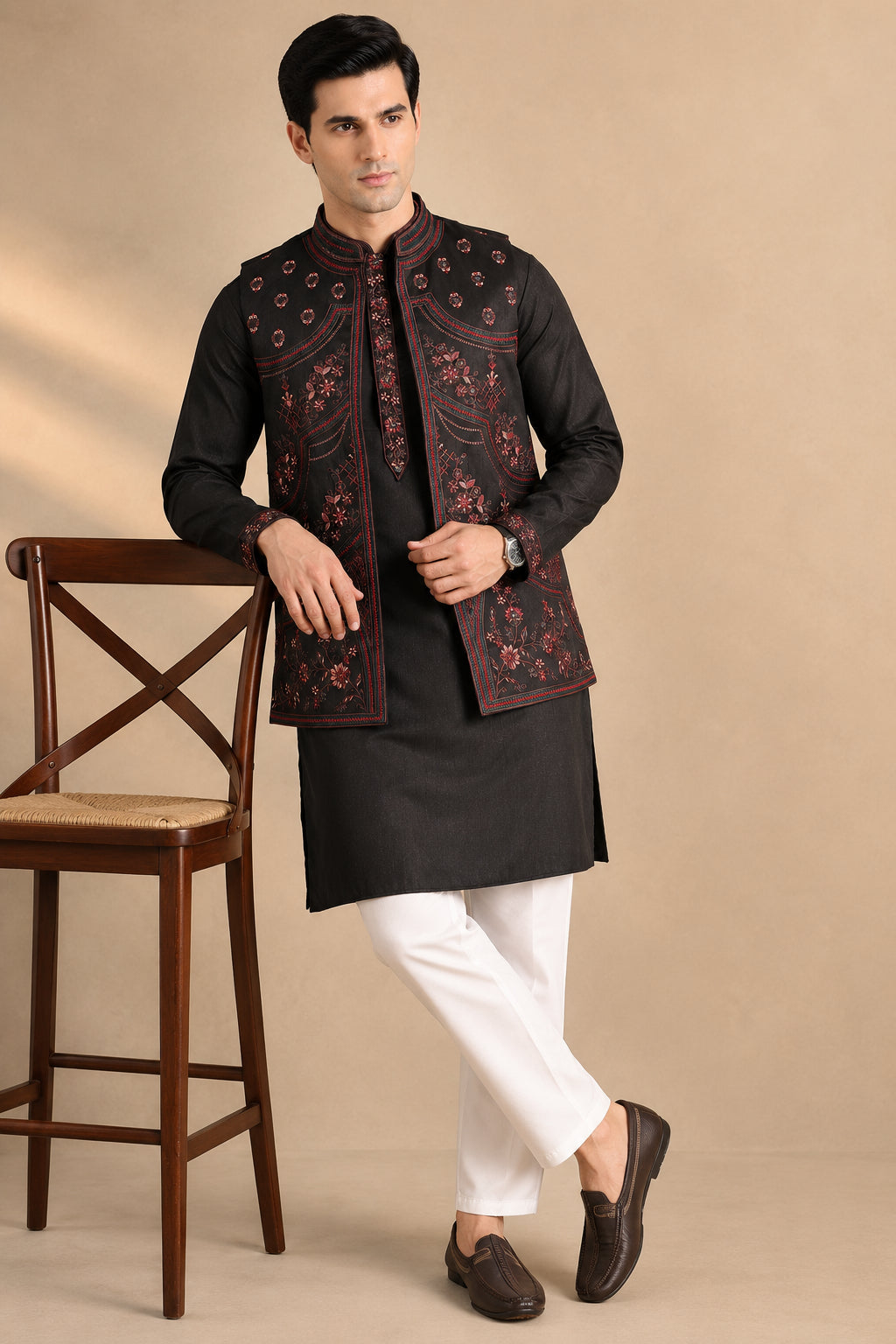 Embroidered Waistcoat and Kurta Pyjama For Men