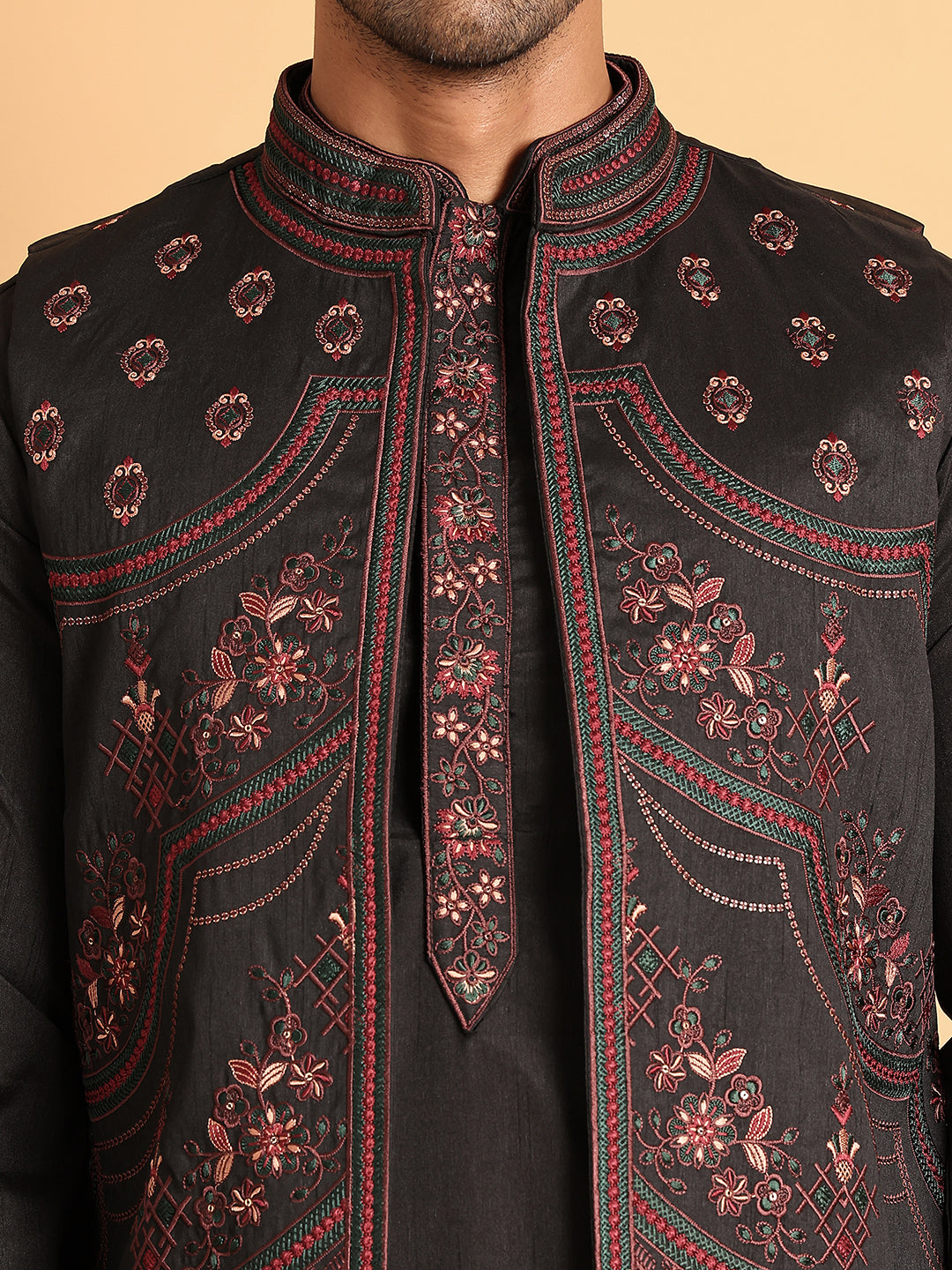 Embroidered Waistcoat and Kurta Pyjama For Men ( JOKPWCS 5114Black )