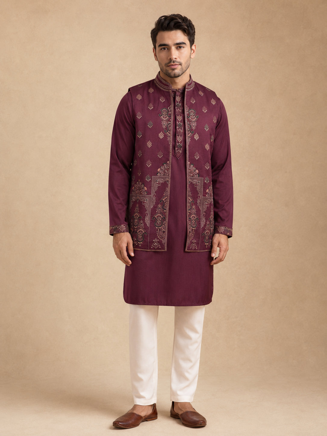 Embroidered Waistcoat & Solid Kurta Pyjama For Men
