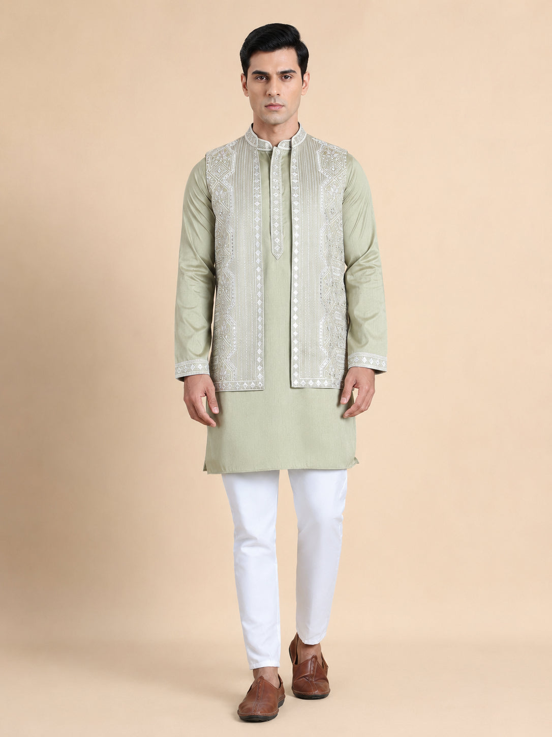Embroidered Waistcoat and Kurta Pyjama For Men