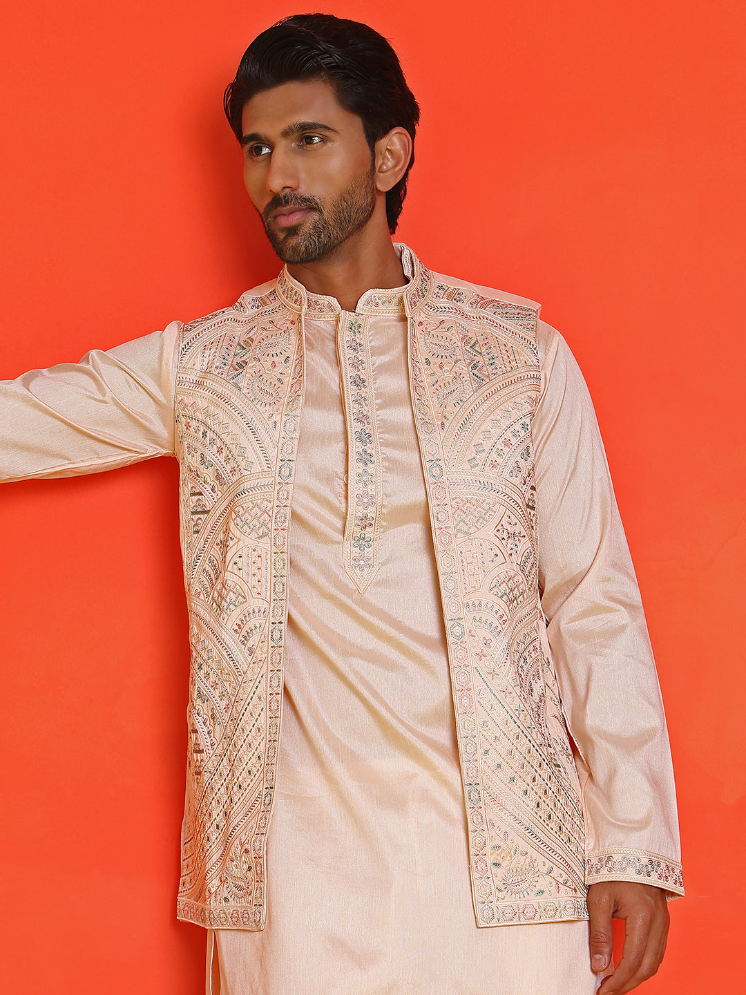 Embroidered Waistcoat and Kurta Pyjama For Men ( JOKPWCS 5168 Peach )