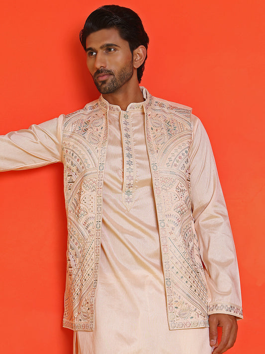 Embroidered Waistcoat and Kurta Pyjama For Men ( JOKPWCS 5168 Peach )