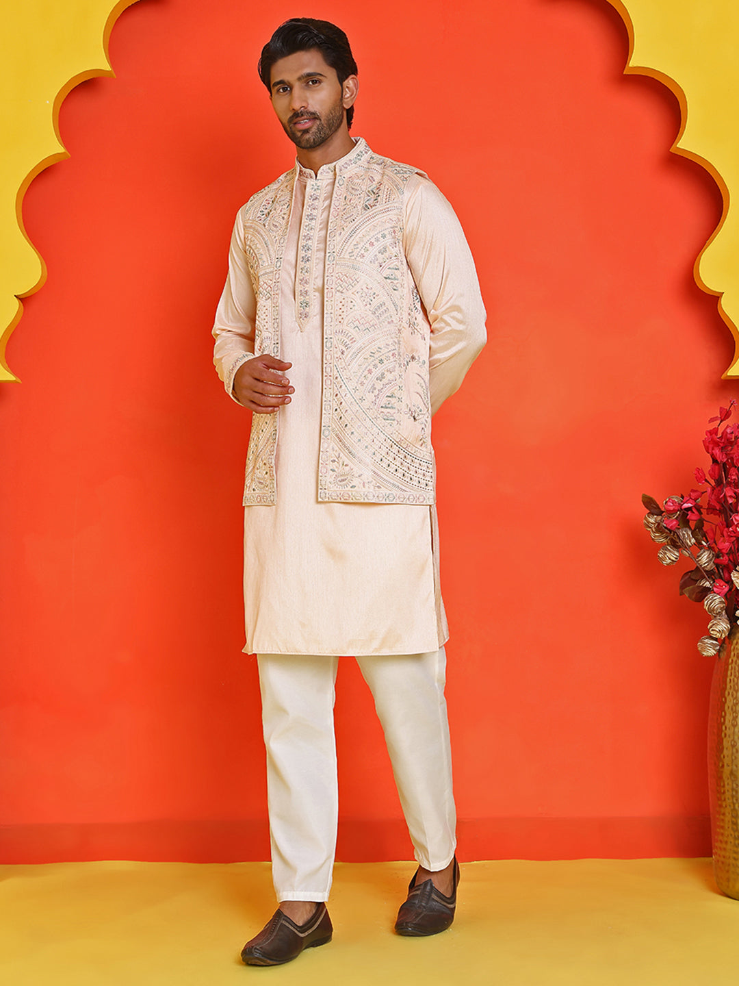 Embroidered Waistcoat and Kurta Pyjama For Men ( JOKPWCS 5168 Peach )