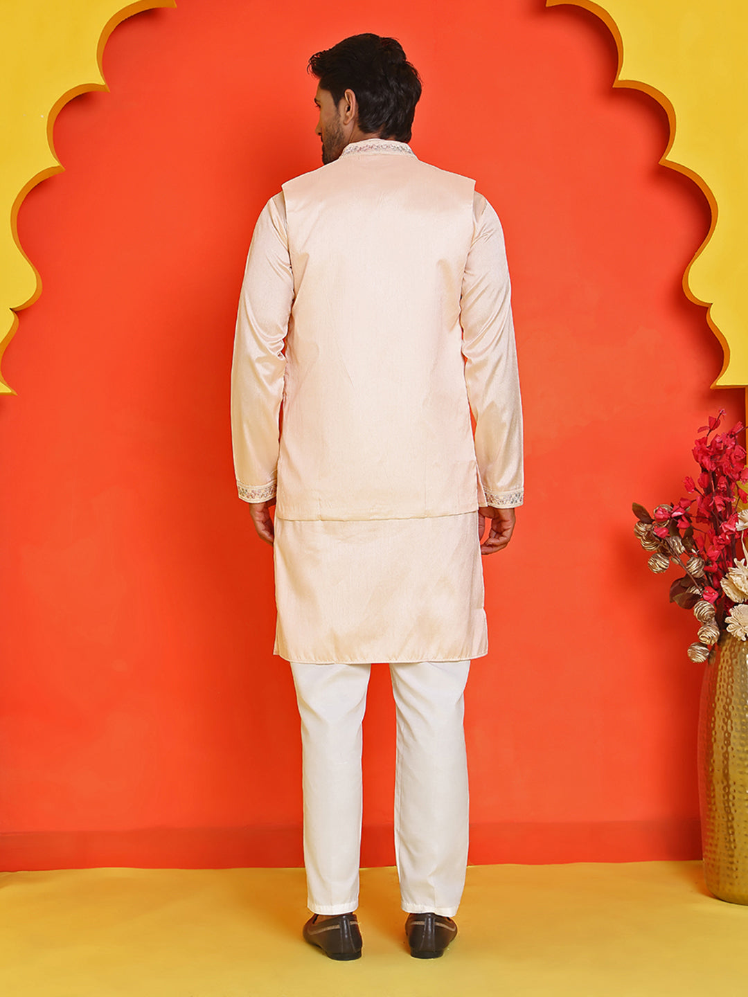 Embroidered Waistcoat and Kurta Pyjama For Men ( JOKPWCS 5168 Peach )
