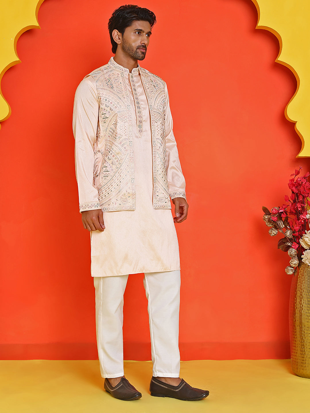 Embroidered Waistcoat and Kurta Pyjama For Men ( JOKPWCS 5168 Peach )