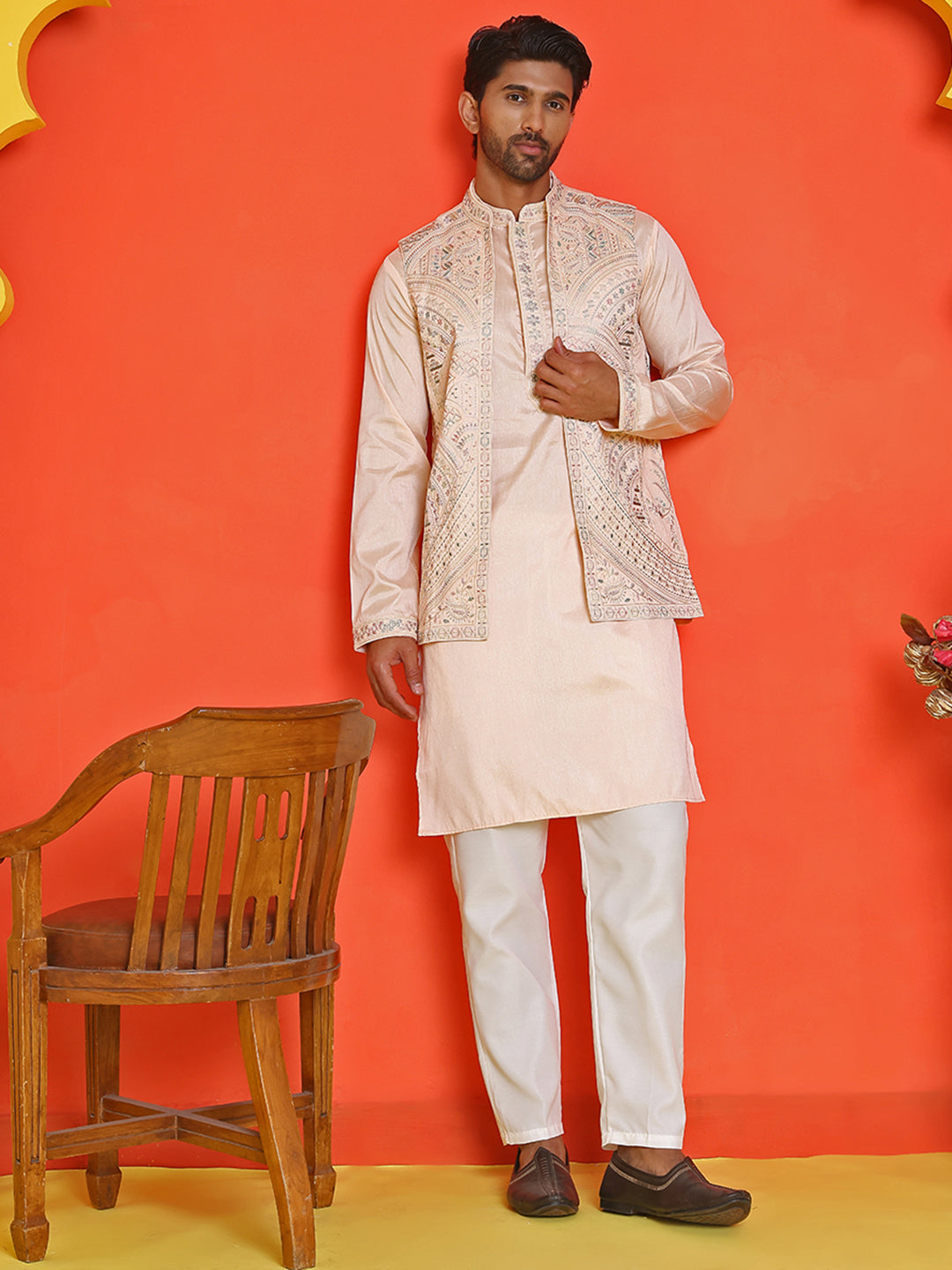Embroidered Waistcoat and Kurta Pyjama For Men ( JOKPWCS 5168 Peach )