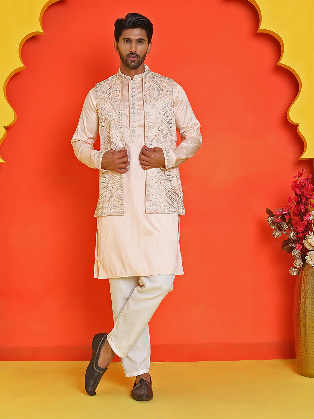 Embroidered Waistcoat and Kurta Pyjama For Men ( JOKPWCS 5168 Peach )