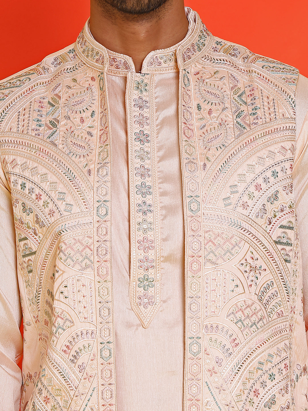 Embroidered Waistcoat and Kurta Pyjama For Men ( JOKPWCS 5168 Peach )