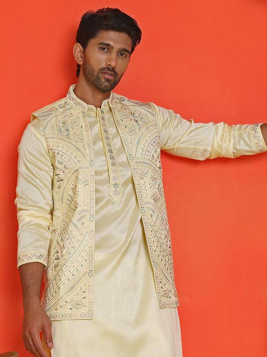 Embroidered Waistcoat and Kurta Pyjama For Men ( JOKPWCS 5168 Yellow )