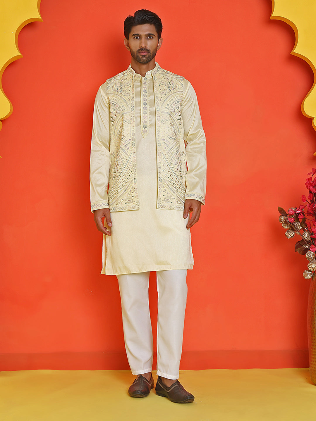 Embroidered Waistcoat and Kurta Pyjama For Men ( JOKPWCS 5168 Yellow )
