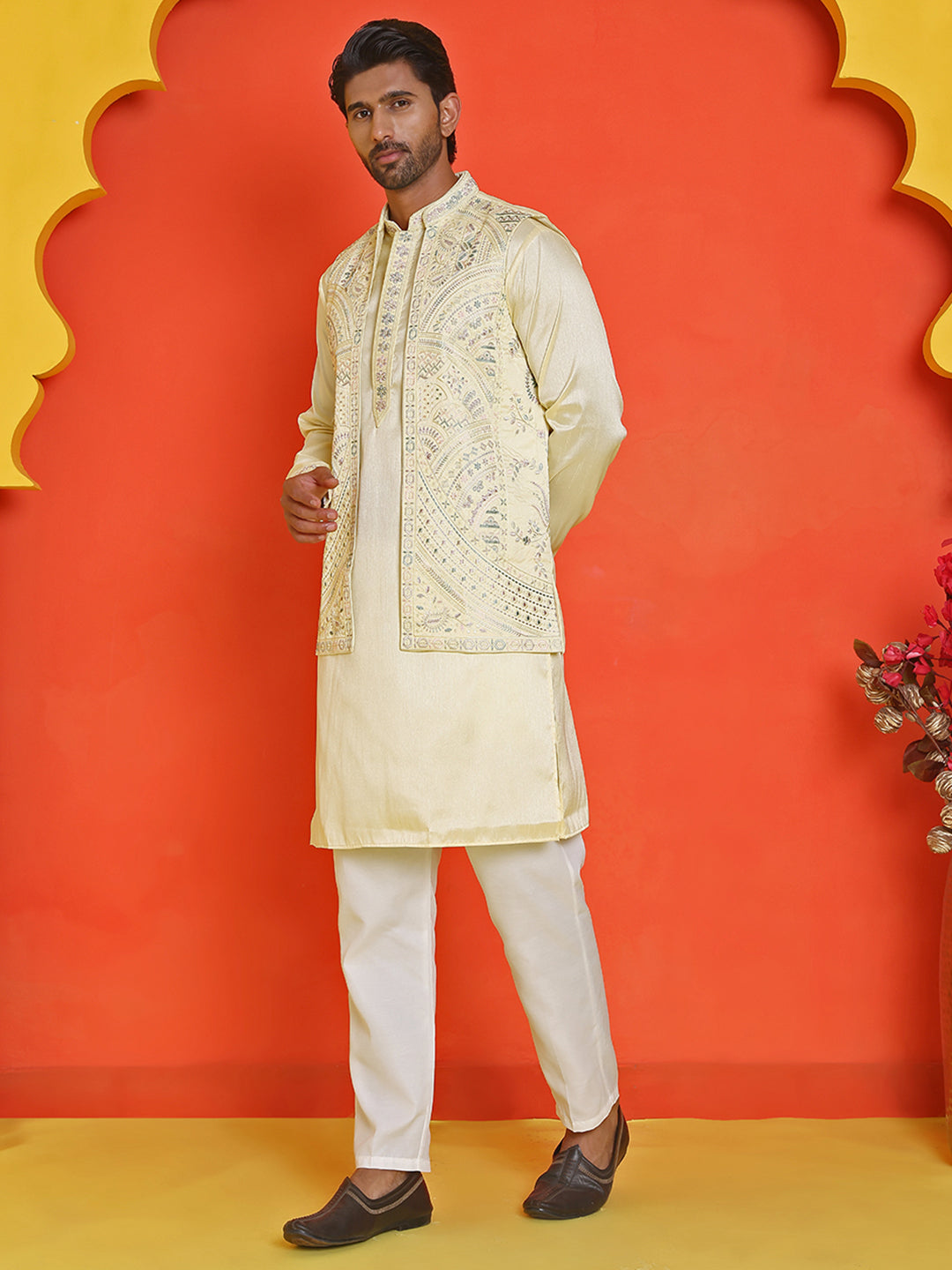 Embroidered Waistcoat and Kurta Pyjama For Men ( JOKPWCS 5168 Yellow )