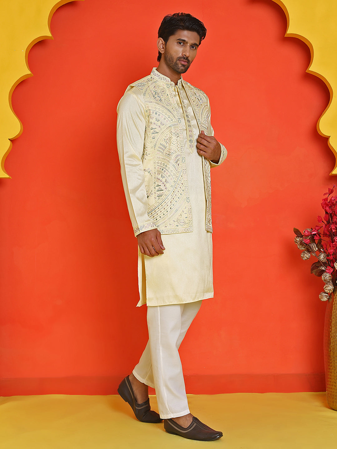 Embroidered Waistcoat and Kurta Pyjama For Men ( JOKPWCS 5168 Yellow )