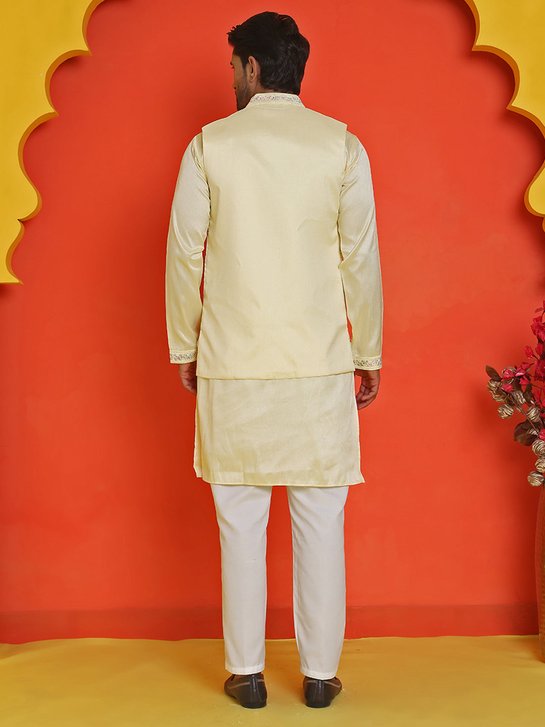 Embroidered Waistcoat and Kurta Pyjama For Men ( JOKPWCS 5168 Yellow )