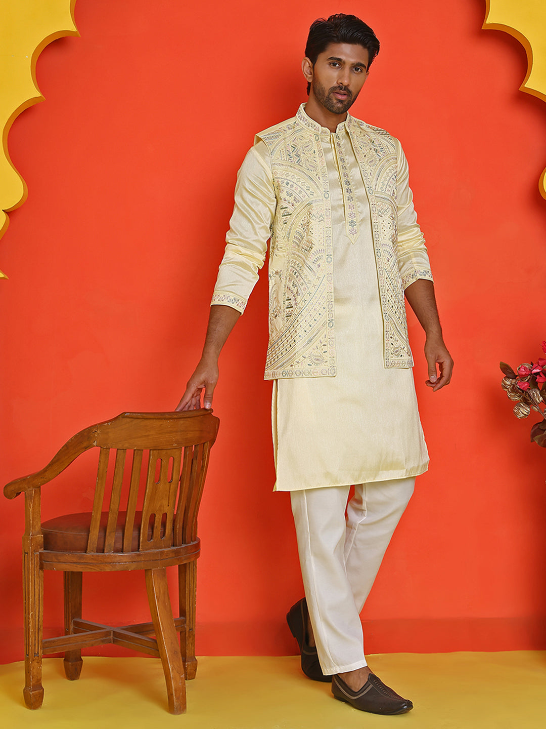 Embroidered Waistcoat and Kurta Pyjama For Men ( JOKPWCS 5168 Yellow )