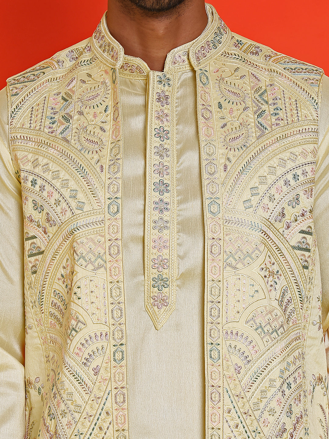 Embroidered Waistcoat and Kurta Pyjama For Men ( JOKPWCS 5168 Yellow )