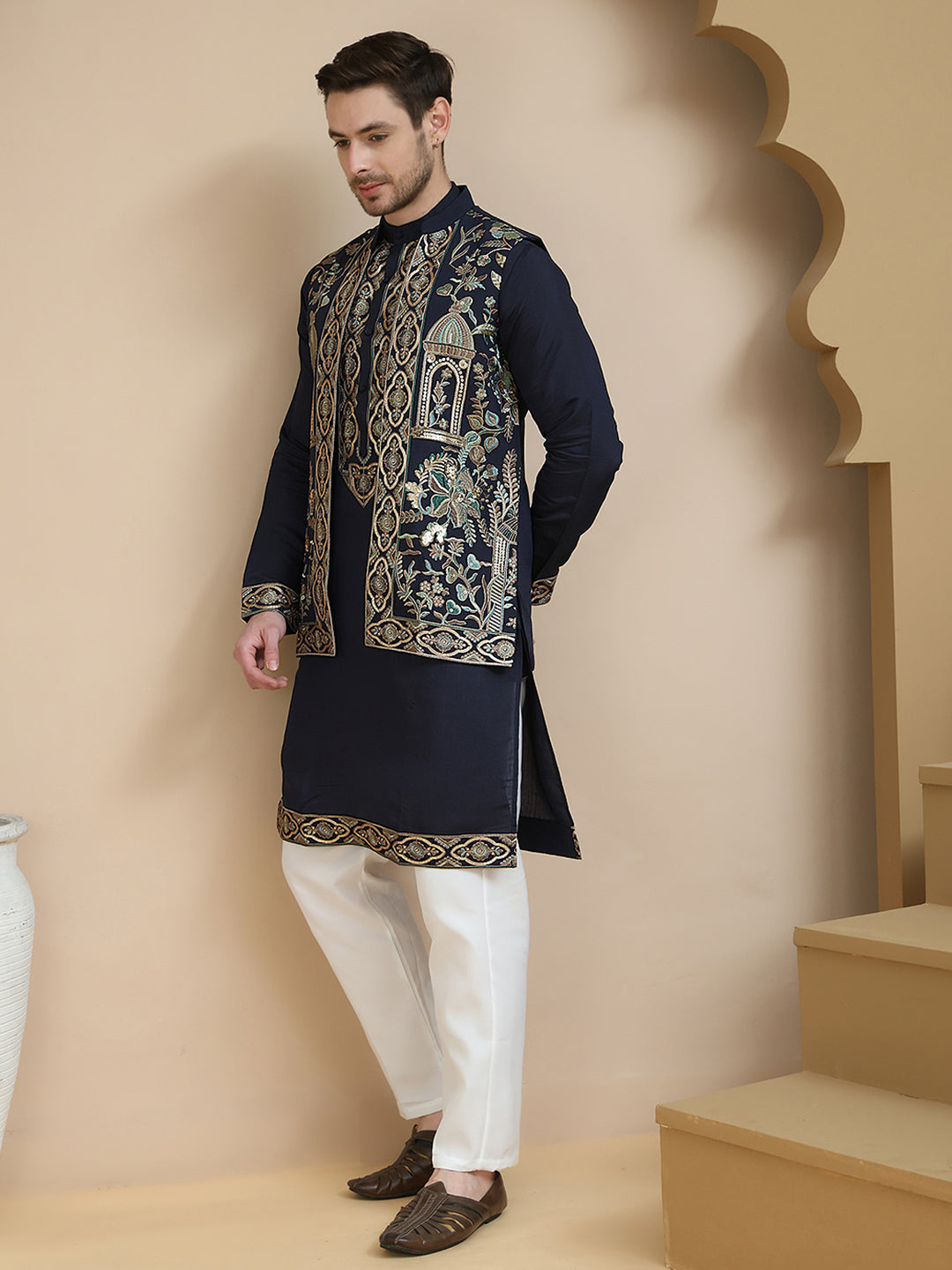 Embroidered Waistcoat and Kurta Pyjama For Men ( JOKPWCS W 5239 Navy )