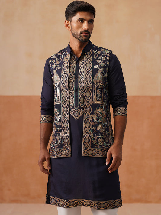 Embroidered Waistcoat and Kurta Pyjama For Men ( JOKPWCS 5239 Navy )