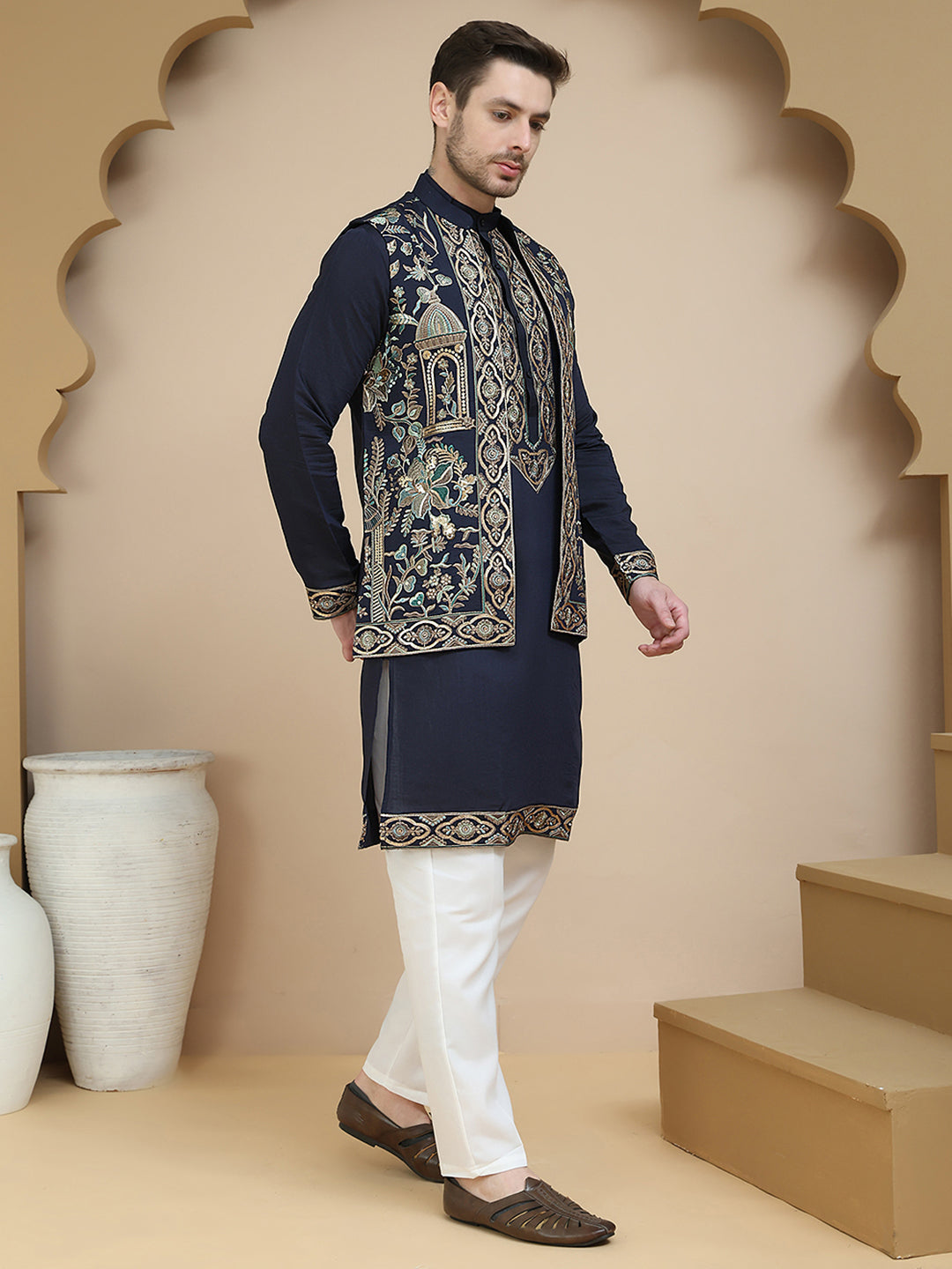Embroidered Waistcoat and Kurta Pyjama For Men ( JOKPWCS W 5239 Navy )