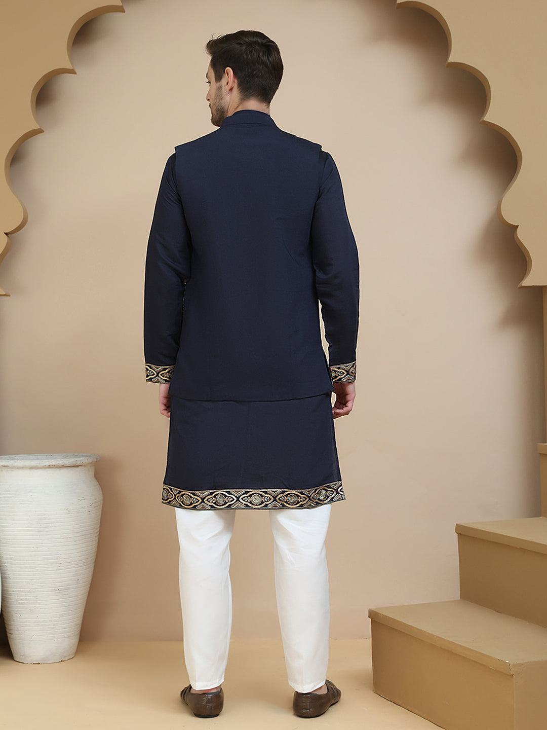 Embroidered Waistcoat and Kurta Pyjama For Men ( JOKPWCS W 5239 Navy )