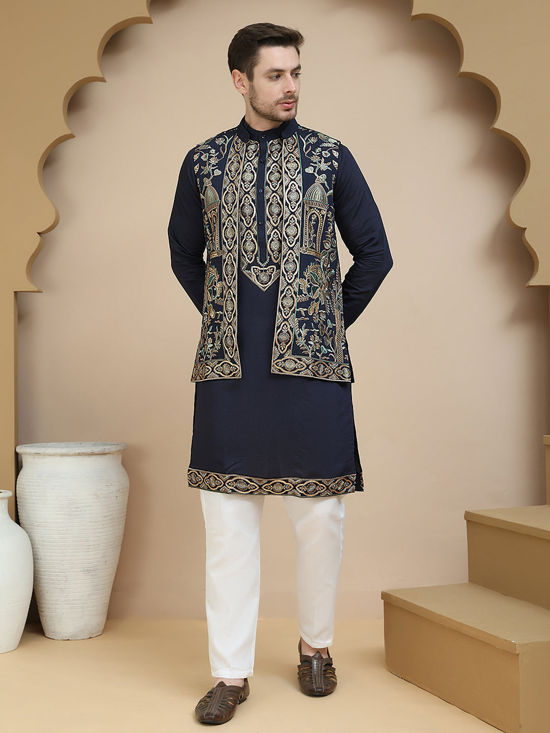 Embroidered Waistcoat and Kurta Pyjama For Men ( JOKPWCS W 5239 Navy )